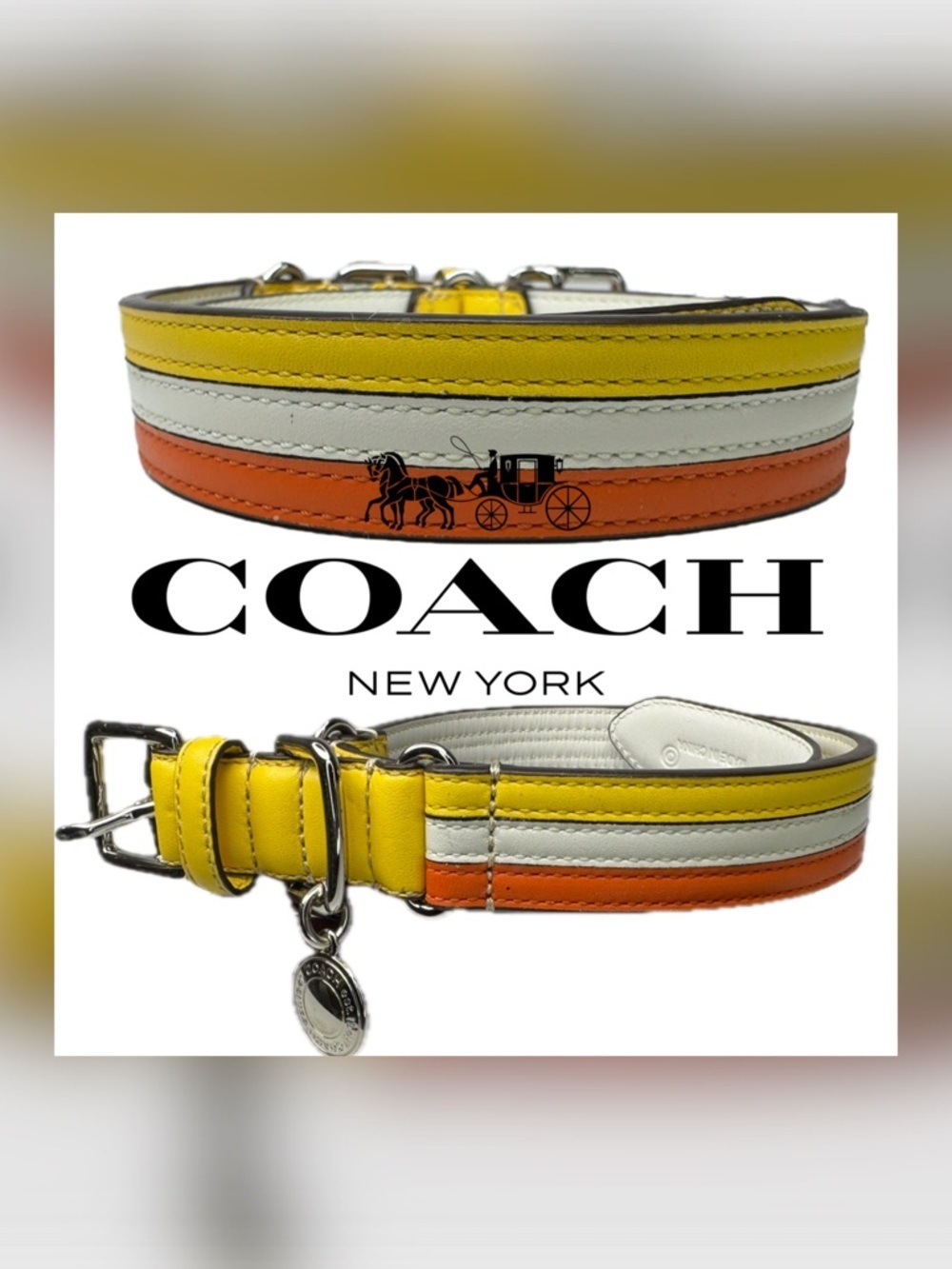 Coach Leather Y2K Striped Yellow White Orange Size Large 17-21” Dog Collar